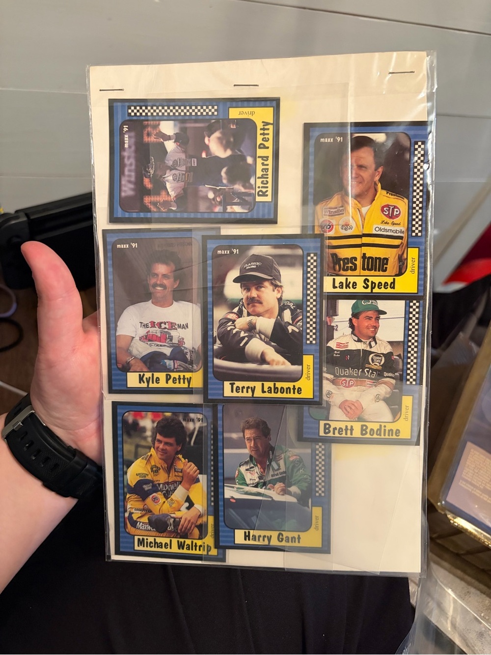 Vintage Racing Card Collector Sheet - Yellow and Blue Motorsport Cards